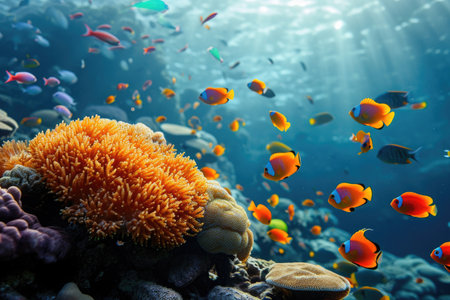 A vibrant and diverse group of fish gracefully swim and navigate the stunning underwater landscape of a coral reef, A lively coral reef bursting with tropical fish, AI Generatedの素材