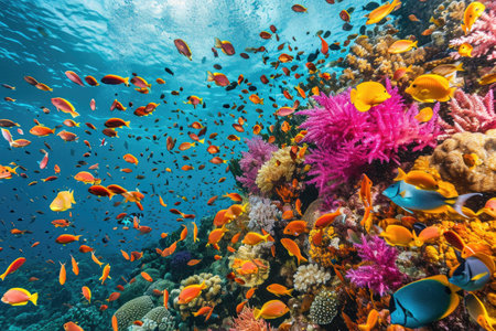 A vibrant image displaying a multitude of fish gracefully swimming over a captivating coral reef, A lively coral reef bursting with tropical fish, AI Generatedの素材