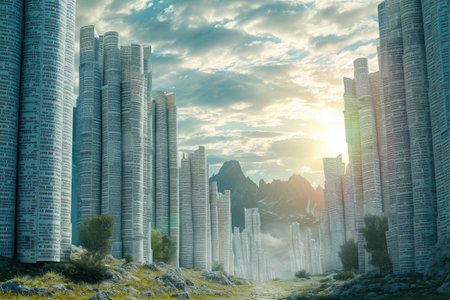 A stunning scene of numerous towering buildings gracefully nestled on top of a vibrant, verdant meadow, A landscape featuring towering stacks of accounting ledgers, AI Generatedの素材