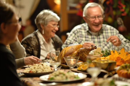 A diverse group of friends and family members sit around a dining table, engaging in lively conversation and enjoying a delicious meal, A lively family dinner on Thanksgiving, AI Generatedの素材
