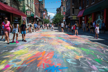 A group of individuals walking down the street next to a sidewalk covered in colorful chalk drawings, A lively city street covered in chalk art by enthusiastic kids, AI Generatedの素材