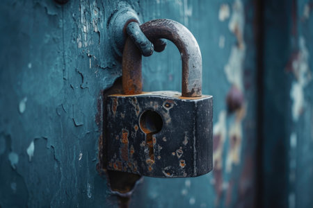 A photograph of an aged padlock attached to a blue door, showcasing the vintage charm and security measures, A lock with layers of encryption hurdles, AI Generatedの素材