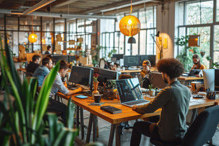 A skilled team of professionals diligently working on their computers in a bustling office environment, A lively tech startup office with different IT roles in action, AI Generatedの素材