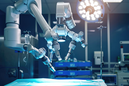 A robotic hand efficiently operates a machine in a hospital, enhancing patient care, A medical robot performing a delicate surgery, AI Generatedの素材