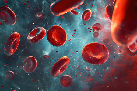 Group of Red Blood Cells Floating in the Vastness of Space, A microscopic view of blood cells given a futuristic, sci-fi visual style, AI Generatedの素材
