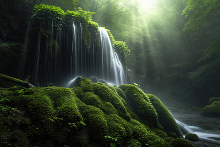 A picturesque and serene waterfall surrounded by lush greenery in the midst of a vibrant forest, A moss-covered forest with a hidden waterfall, AI Generatedの素材