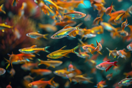 A mesmerizing sight of a diverse assortment of fish gracefully swimming together in an aquarium, A multi-colored school of tetras spiraling in synchronized movement, AI Generatedの素材
