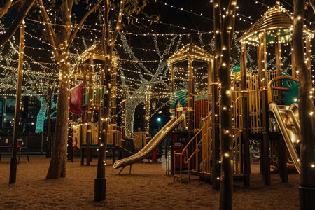 A vibrant playground with a slide and illuminating lights, creating a fun and exciting atmosphere, A night view of the playground, lit up by fairy lights, AI Generatedの素材