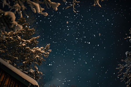 A mesmerizing scene of snow-covered trees against a backdrop of a star-filled night sky, A nighttime sky illuminated by white winter stars, AI Generatedの素材