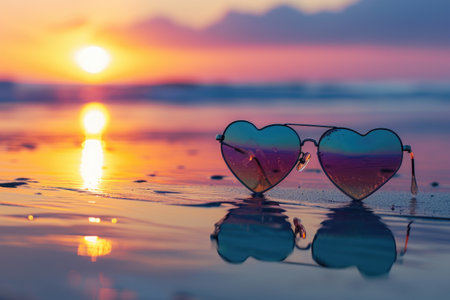 A pair of heart shaped sunglasses resting on top of a sandy beach with ocean waves in the background, A pair of heart-shaped sunglasses reflecting a beach sunset, AI Generatedの素材