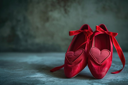 A striking pair of red shoes adorned with heart patterns, perfect for adding a touch of love to any outfit, A pair of red ballet slippers with heart-shaped ribbons, AI Generatedの素材