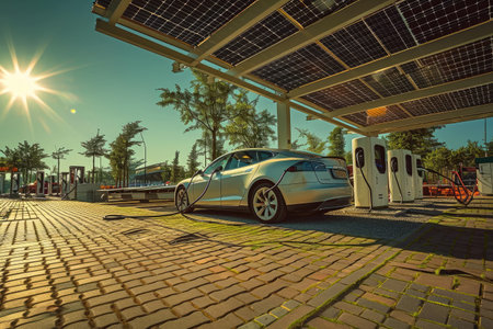 A silver car is parked underneath a solar panel in a well-lit parking lot, A panoramic view of an eco-friendly electric car charging at a solar-powered station, AI Generatedの素材