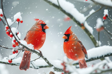 Two red birds perched on a branch covered in snow, A pair of red cardinals against the backdrop of a white winter wonderland, AI Generatedの素材