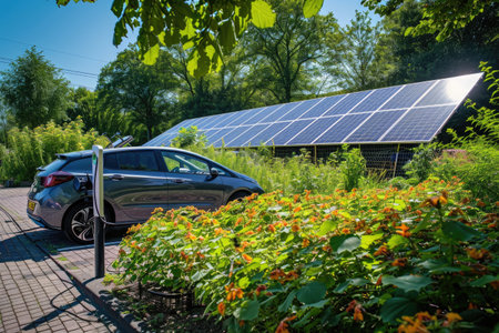A car is parked in front of a house, highlighting the presence of a solar panel on the roof, A panoramic view of an eco-friendly electric car charging at a solar-powered station, AI Generatedの素材