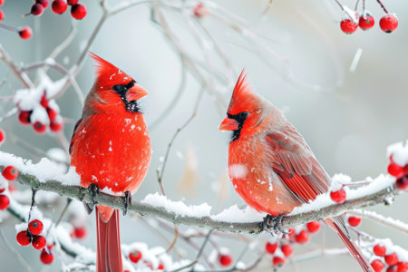 Two red birds perched on a branch, surrounded by berries, A pair of red cardinals against the backdrop of a white winter wonderland, AI Generatedの素材