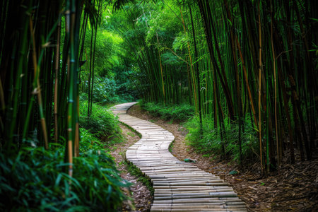 A curving path cuts through the dense bamboo forest, creating a captivating trail among towering green stalks, A path winding through a thick bamboo forest, AI Generatedの素材