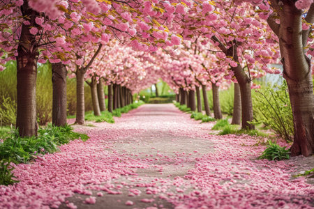 A scenic pathway lined with blooming pink flowers and flourishing trees, A pathway filled with cherry blossom petals in a park, AI Generatedの素材