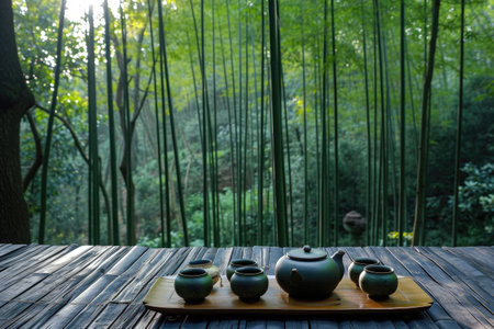 A wooden table showcasing a collection of tea pots and a tray filled with tea-related items, A peaceful tea ceremony in a serene bamboo forest, AI Generatedの素材