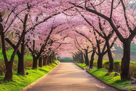 A road stretches through a landscape adorned with pink flowers and trees, creating a picturesque and colorful scene, A peaceful alley of cherry blossom trees in a lush green park, AI Generatedの素材