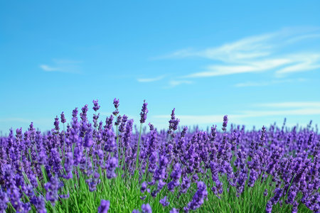 A vast expanse of wildflowers in vibrant shades of purple fills a field as a clear blue sky stretches overhead, A peaceful lavender field under a clear summer sky, AI Generatedの素材