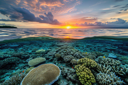 Vibrant Coral Reef With a Captivating Sunset as a Backdrop, A peaceful sunrise over a thriving coral reef, AI Generatedの素材