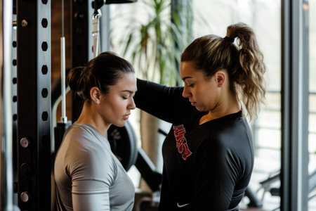 Two women, dressed in workout attire, stand side by side in a well-equipped gym, A personal trainer assisting a woman with weight lifting, AI Generatedの素材