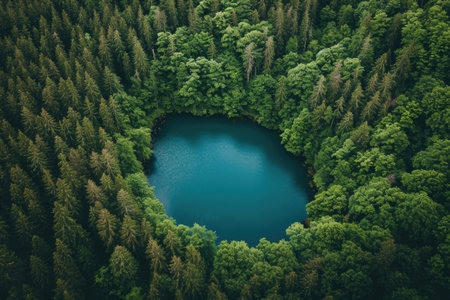A serene blue lake reflecting the surrounding trees in the midst of a dense forest, A peek of a tranquil lake in the midst of a dense forest from the top, AI Generatedの素材