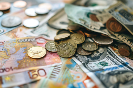 A stack of cash bills and coins neatly arranged and placed on a wooden table, A pile of paper bills and coins of different currencies around the globe, AI Generatedの素材