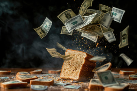 Flying Money Bursting Out of a Slice of Bread, A piece of bread transforming into a pile of money to signify hyperinflation, AI Generatedの素材