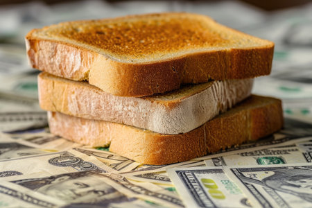 Three Pieces of Toast on Top of a Pile of Money, A piece of bread transforming into a pile of money to signify hyperinflation, AI Generatedの素材