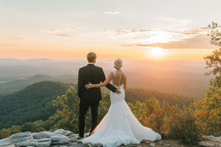 A bride and groom stand together on top of a majestic snow-capped mountain, surrounded by breathtaking views, A picturesque mountaintop wedding with panoramic views, AI Generatedの素材
