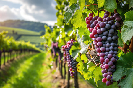 A cluster of ripe grapes growing on a vine, ready for harvesting, A picturesque vineyard with heart-shaped grape clusters, AI Generatedの素材