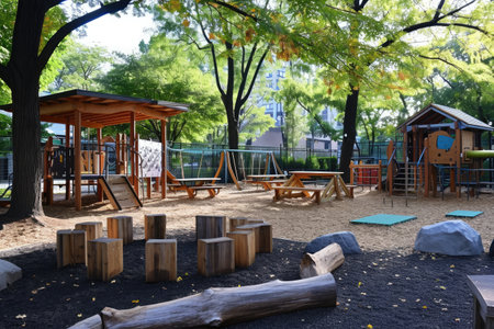 A park featuring a play area with swings and slides surrounded by lush trees, A playground easily convertible into an outdoor classroom, AI Generatedの素材