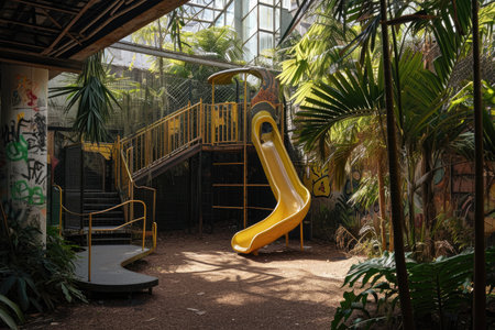A bright yellow slide stands out in the middle of a dense jungle, providing a fun and adventurous playtime experience, A playground in the middle of an urban jungle, AI Generatedの素材