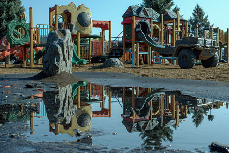 A playground with a substantial puddle of water in front, presenting a wet and playful scene, A playground reflecting a moonscape with moon rovers and craters, AI Generatedの素材