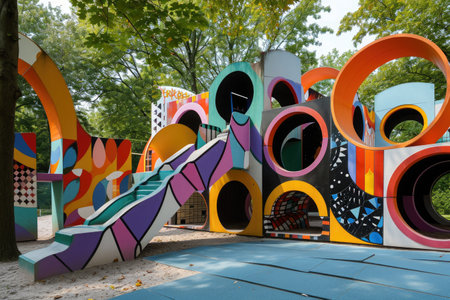 Colorful Playground With Vibrant Circles, A playground designed with unique geometric shapes and patterns, AI Generatedの素材