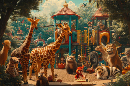 A group of various animals standing together on the dirt ground, A playground being enjoyed by a variety of animals, AI Generatedの素材