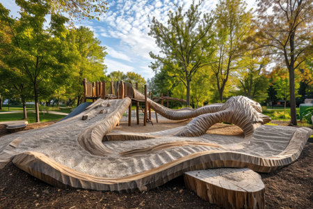 Colorful Childrens Play Area With Swings and Slides in a City Park, A playground designed with sustainability and recycled materials, AI Generatedの素材