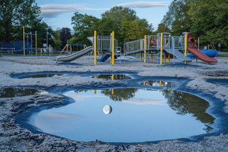 A playground filled with various play equipment and structures, featuring a noticeable puddle in the middle, A playground reflecting a moonscape with moon rovers and craters, AI Generatedの素材