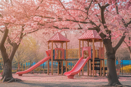 Playground With Pink Slide and Cherry Blossom Trees, A playground surrounded by cherry blossom trees, AI Generatedの素材