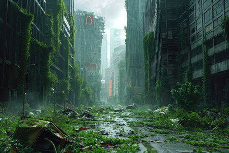 This photo showcases a bustling city adorned with towering buildings and vibrant green plants, A post-apocalyptic cityscape overgrown with flora and devoid of people, AI Generatedの素材