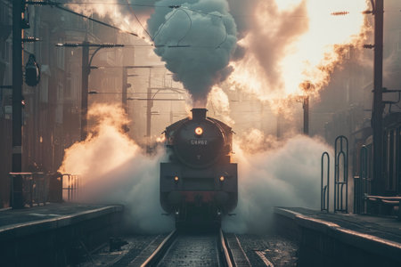 A train is seen traveling down the train tracks that run alongside a bustling train station, A puff of heart-shaped smoke from a vintage train, AI Generatedの素材