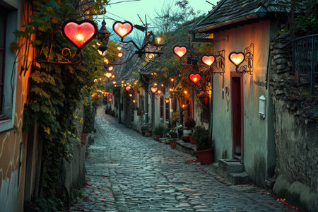 A cobblestone street lined with numerous lights casting a warm glow on the surroundings, A quaint cobblestone street lined with heart-shaped lanterns, AI Generatedの素材