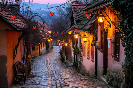 A cobblestone street lined with lanterns hanging from its sides, creating a warm and inviting atmosphere, A quaint cobblestone street lined with heart-shaped lanterns, AI Generatedの素材