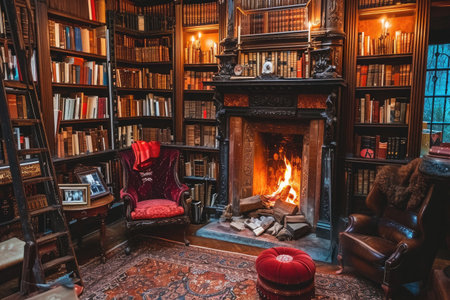 Cozy Living Room With Fireplace and Extensive Book Collection, A quiet corner in a library filled with old books and a roaring fireplace, AI Generatedの素材