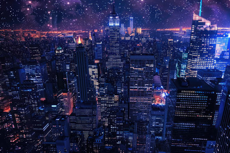 A stunning cityscape illuminated by artificial lights contrasts with a dark sky filled with countless stars, A radiating cityscape with glittering skyscrapers at night, AI Generatedの素材