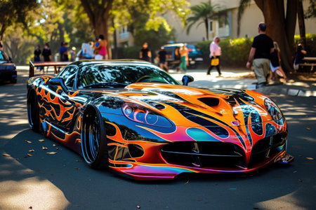 A vibrant car parked on the side of a busy road, adding a burst of color to the urban landscape, A racing sports car with flaring decals, AI Generatedの素材