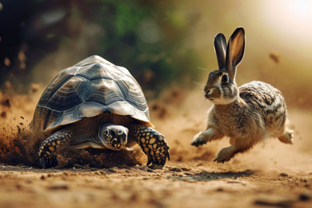 A rabbit vigorously chasing a turtle across a dirt path, A race between tortoise and hare denoting different investment strategies, AI Generatedの素材