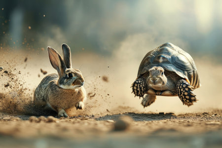 Two rabbits energetically pursue a turtle in a lively chase across the dusty terrain, A race between tortoise and hare denoting different investment strategies, AI Generatedの素材
