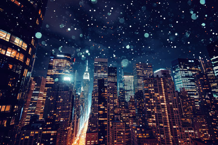 A bustling city at night covered in a blanket of falling snow, A radiating cityscape with glittering skyscrapers at night, AI Generatedの素材